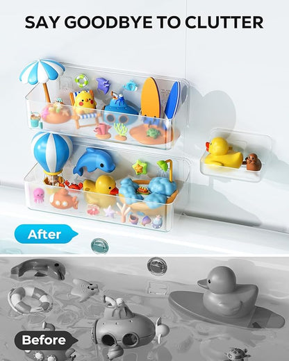 Nieifi Bath Toy Storage Holder, Bathtub Toy Storage, Large Capacity Bath Toy Organizer, Adhesive Shower Caddy for Bathroom, Clear (2 large + 1 small)
