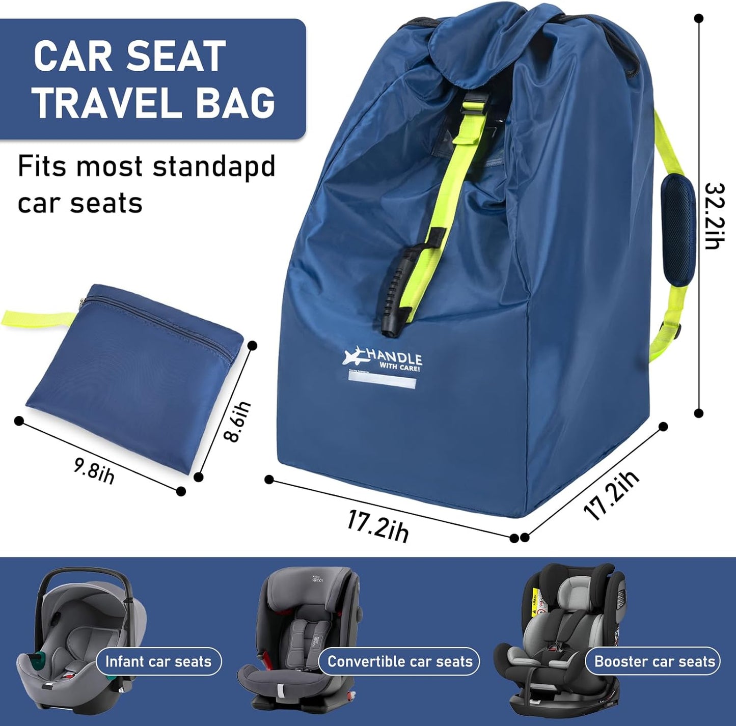 Car Seat Travel Bag for Airplane, Large Waterproof Car Seat Bags Fits Most Infant Car Seats, Convertible Car Seats, Booster Seats, Car Seat Bases, Adjustable Shoulder Strap, Blue