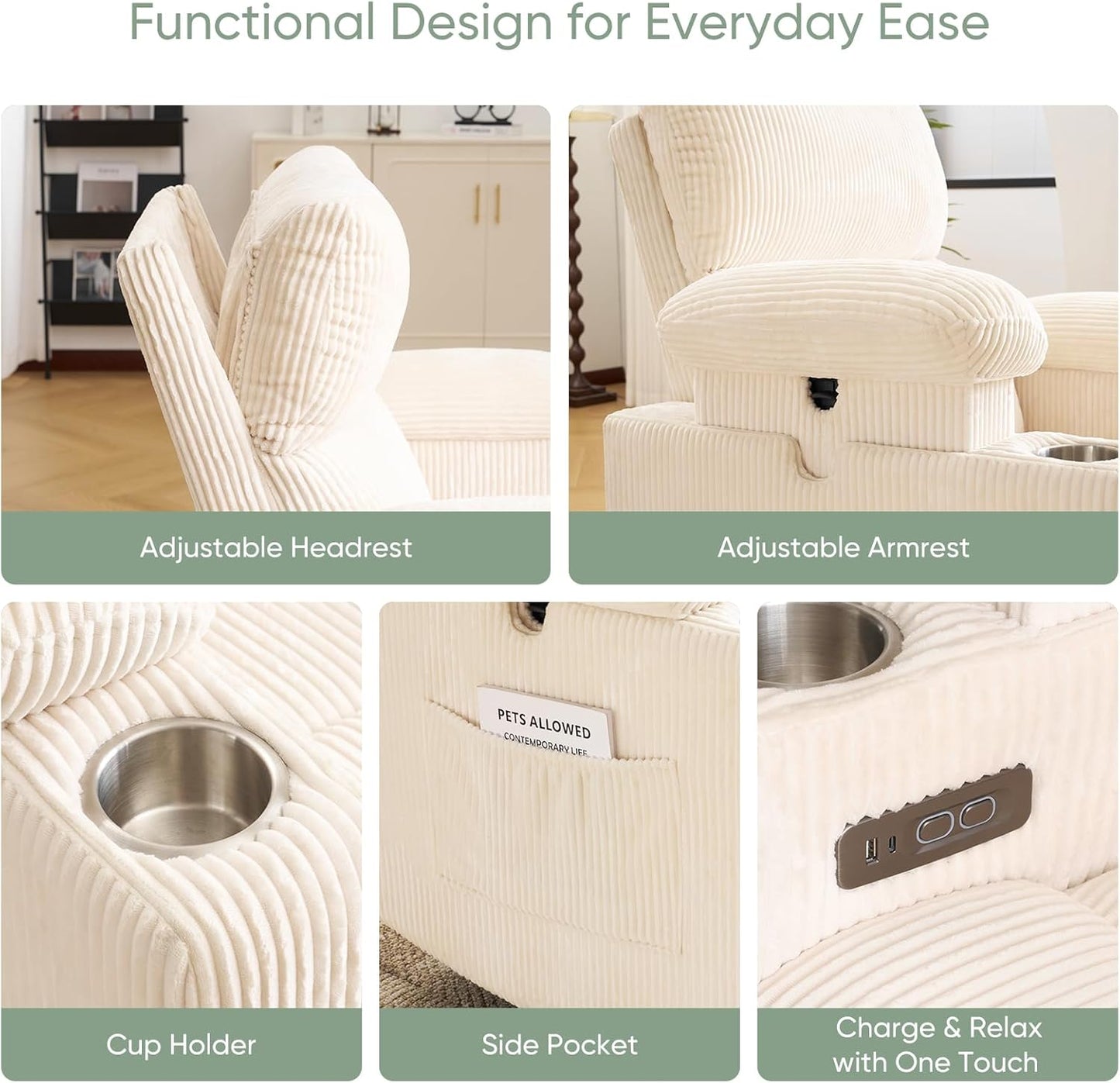 Rocking Chair Nursery with Adjustable Armrest for Breastfeeding, Glider Recliner Nursery Chair with Massage and Heat, Power Swivel Rocker Recliner with Adjustable Headrest, Corduroy, Beige
