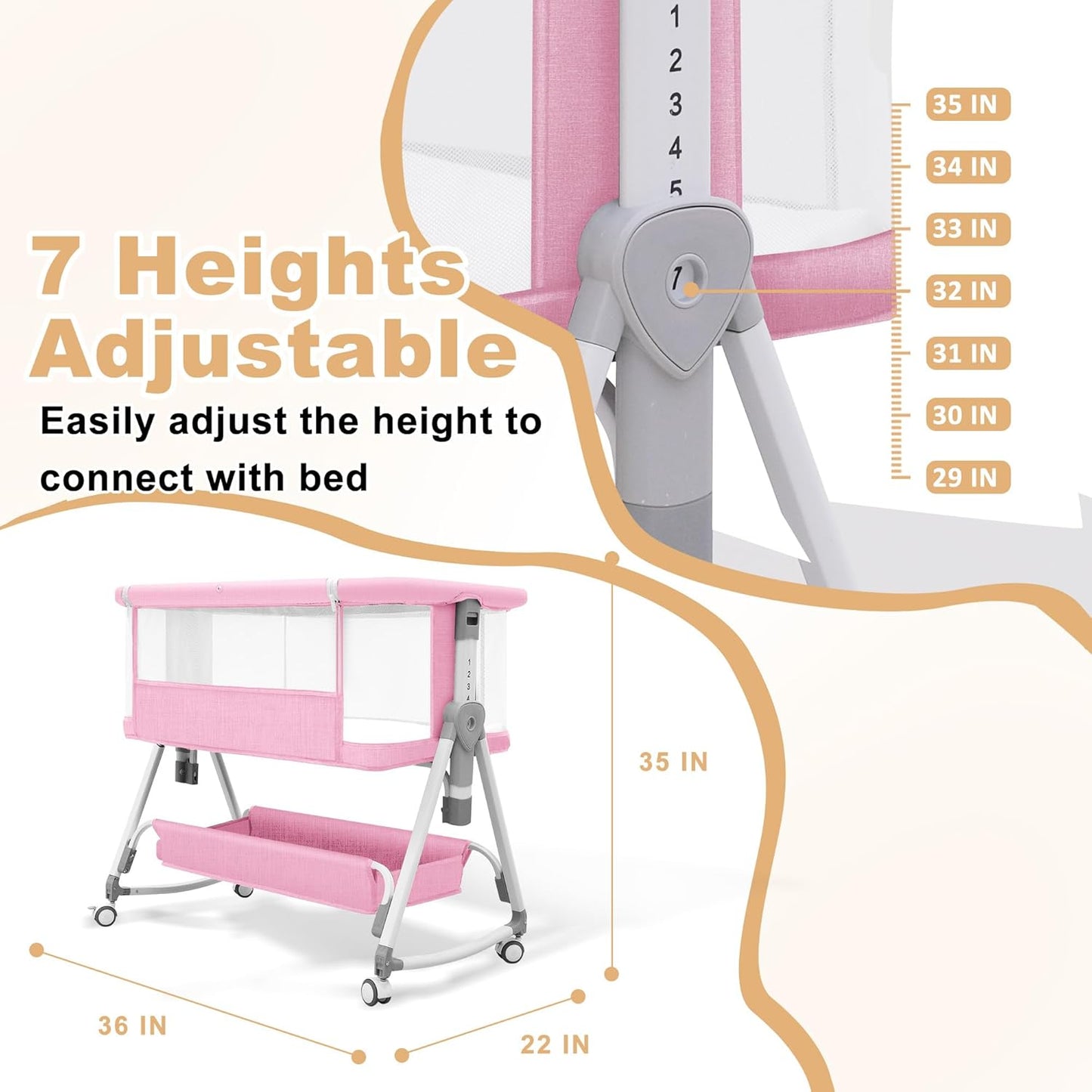 Baby Bassinet,3 in 1 Bedside Bassinet for Baby with Hanging Toys,Foldable Baby Bassinets Bedside Sleeper,4-Sided Mesh Bedside Crib with Wheels and Storage Basket,6 Height Adjustable (Light Grey)