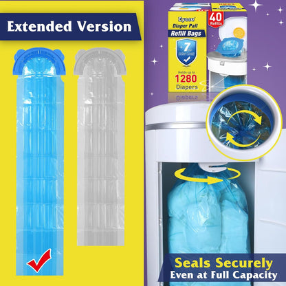 Diaper Pail Refill Bags 40 Pack, Compatible with Arm&Hammer Disposal System, Diaper Bags with Upgraded Odor Lock, Seal and Toss Diaper Pail Refills, Holds up to 1280 Baby Diapers