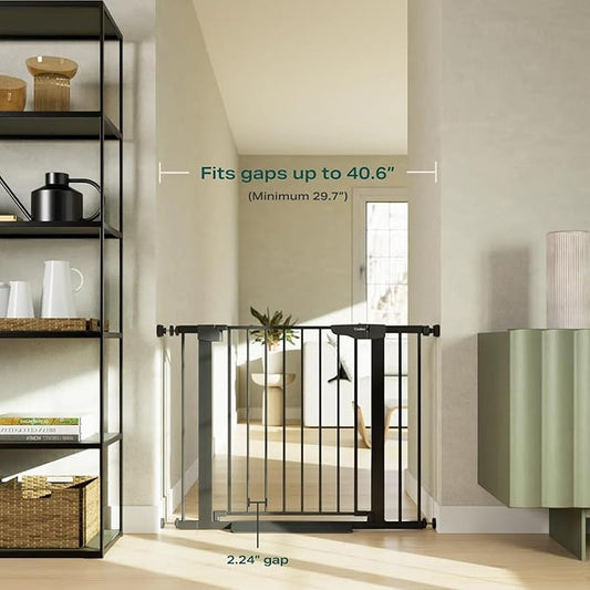 Cumbor 29.7-40.6" Baby Gate for Stairs, Mom's Choice Awards Winner-Dog Gate for Doorways, Pressure Mounted Auto-Close Pet Gates for Dogs Indoor, Safety Child Gate with Easy Walk Thru Door, Black