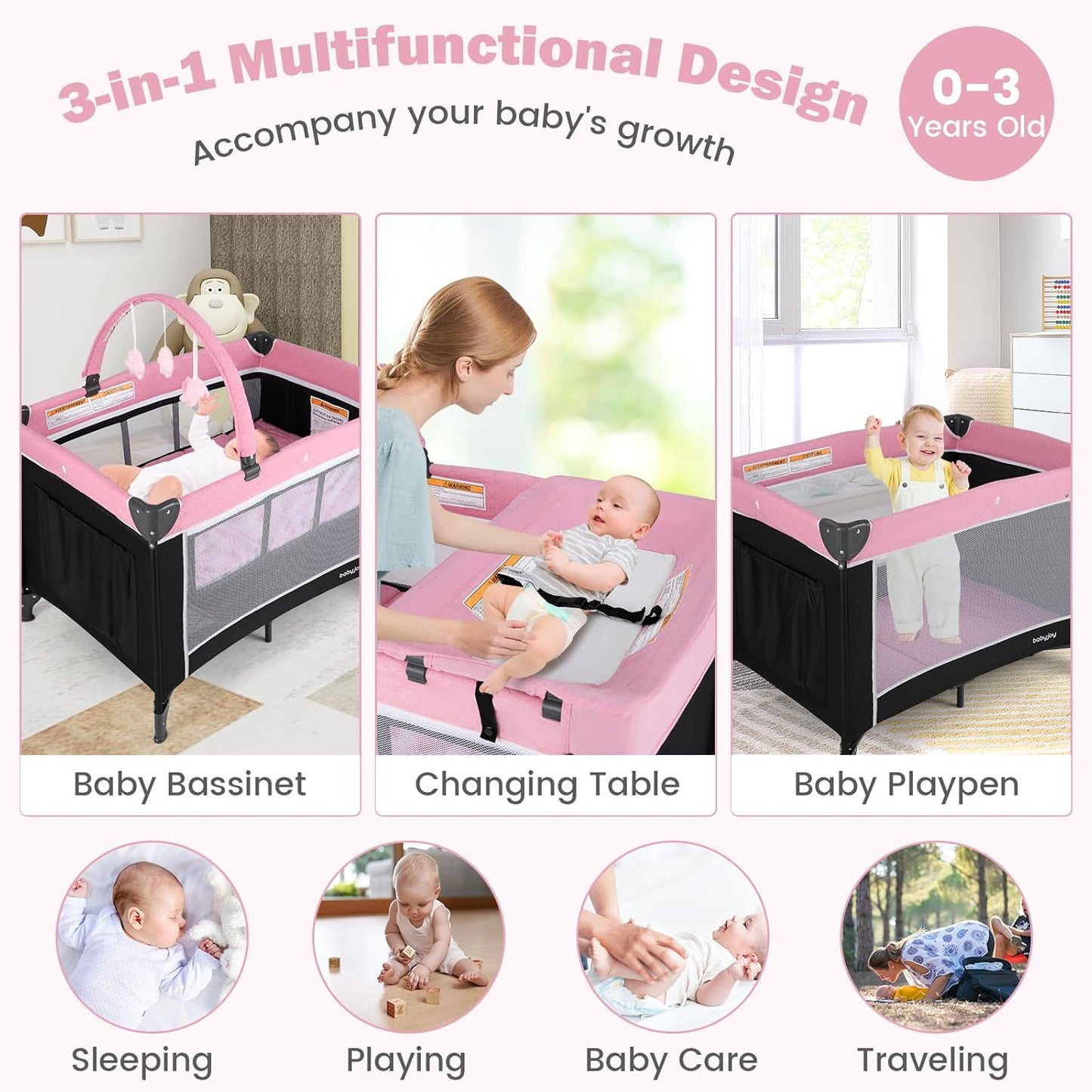 BABY JOY 3 in 1 Pack and Play, Travel Baby Crib Bassinet Bed with Bassinet, Changing Table with Safety Belt, Toy Bar, Lockable Wheels, Portable Baby Playard from Newborn to Toddler