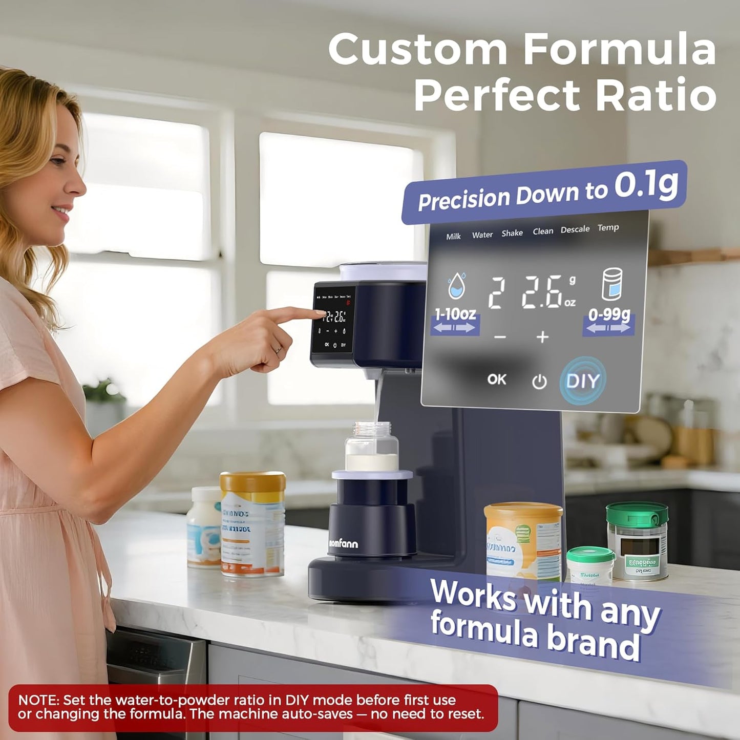 MOMFANN Automatic Baby Formula Maker – Fast Formula Dispenser for Instantly Mixing Warm Bottles with Precise Powder & Water Ratio, 3 Temp Settings, One-Touch Clean, Fits Most Bottles & Formula Brands