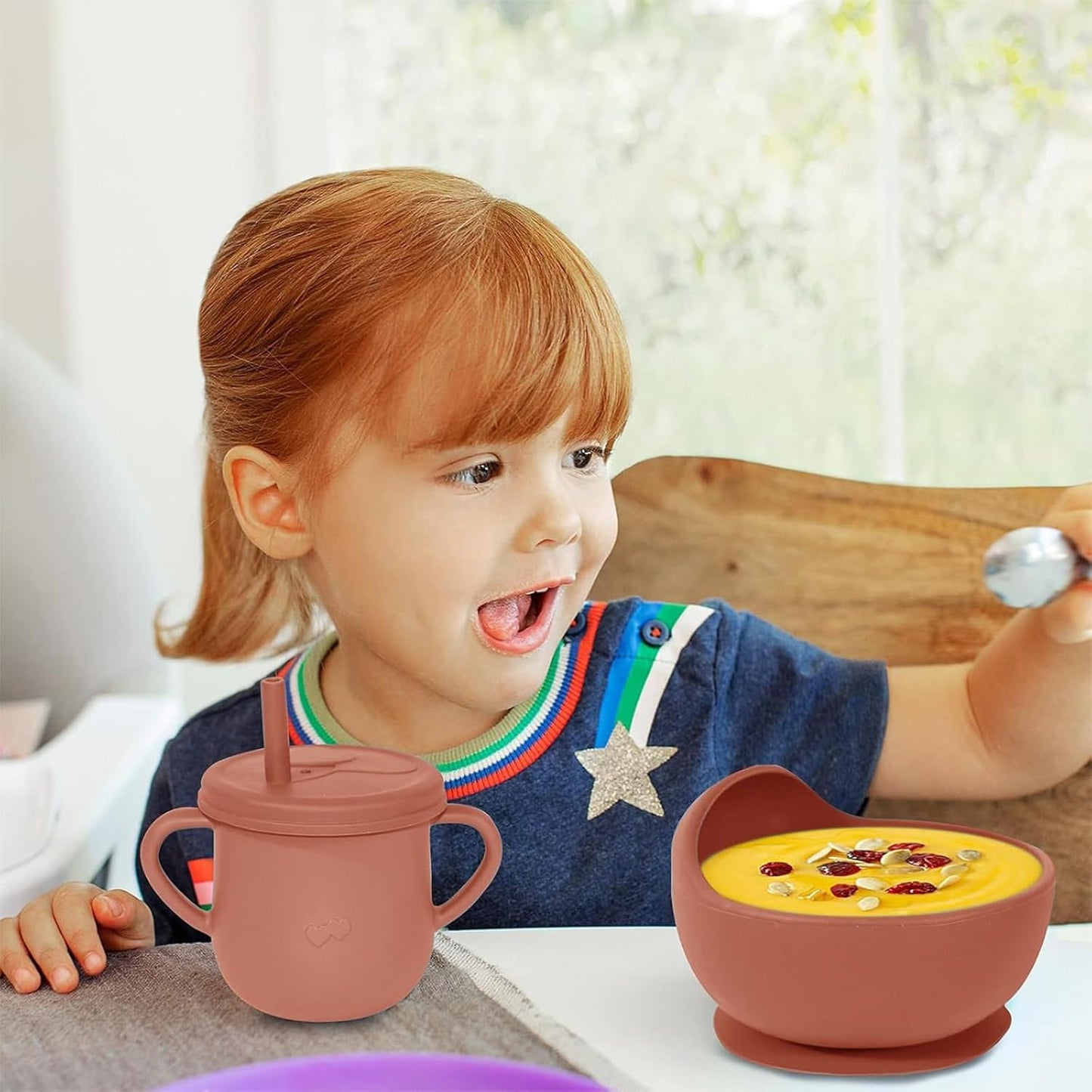 100% Silicone Baby Feeding Set, BPA Free Baby Dishes with Suction Bowl, Divided Plate, Toddler Self Feeding Dish Set with Spoons, Forks, Sippy Cup and Bib, Baby Eating Utensils (Navy Blue)