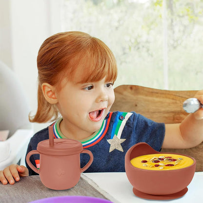 100% Silicone Baby Feeding Set, BPA Free Baby Dishes with Suction Bowl, Divided Plate, Toddler Self Feeding Dish Set with Spoons, Forks, Sippy Cup and Bib, Baby Eating Utensils (Navy Blue)