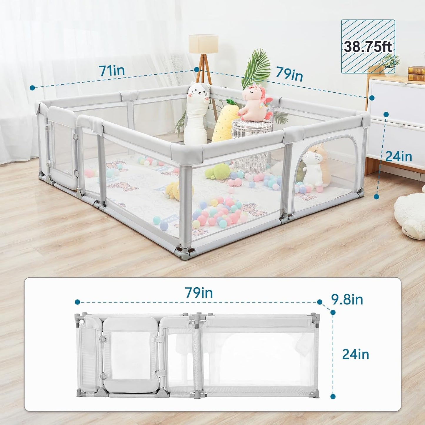 Sweeby Foldable Baby Playpen, Baby Gate Playpens for Babies and Toddlers 79x71 Extra Large Play Yard with Door Fence with Mat and Indoor Play Pen,Light Grey