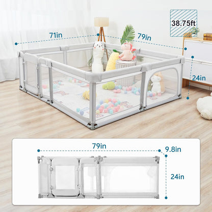 Sweeby Foldable Baby Playpen, Baby Gate Playpens for Babies and Toddlers 79x71 Extra Large Play Yard with Door Fence with Mat and Indoor Play Pen,Light Grey