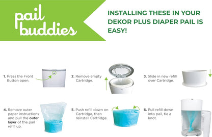 Pail Buddies Diaper Pail Refills | 6 Count Value Pack Holds 3,600 Diapers | Compatible with Dekor Plus Diaper Pail | Strong, Durable Refill Bags with Odor Eliminating Fresh Baby Powder Scent