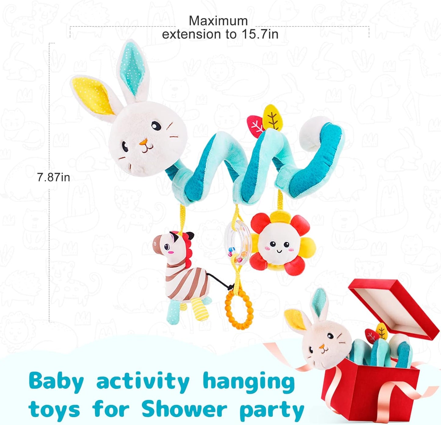 Koty Car Seat Toys, Infant Baby Spiral Plush Activity Hanging Toy for Stroller Bar Pram Crib with Music Box BB Squeaker & Rattles(Black Fox)