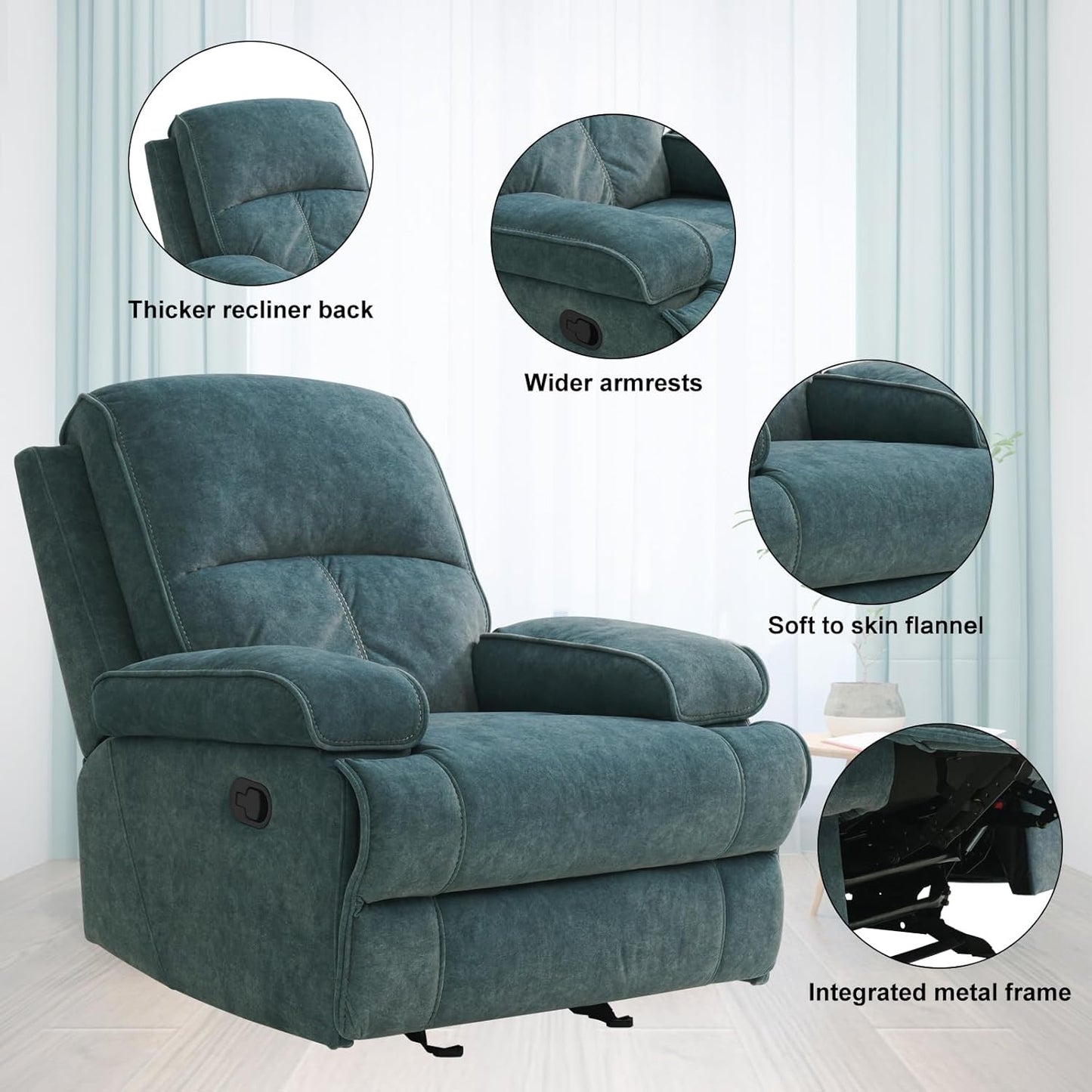 Swivel Rocker Recliner Chair for Adults, High Back Fabric Recliner with Deep Seat, Manual Glider for Living Room & Nursery, Grey
