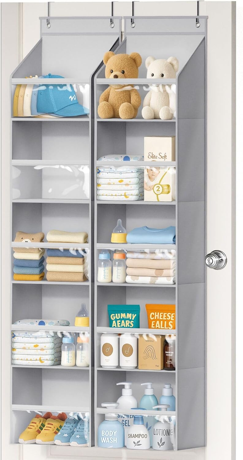 AOODA 2 Pack Over the Door Organizer, Large Capacity Closet Door Hanging Organizer, Clear Deep Pockets Baby Storage for Nursery, Bathroom, Bedroom, Pantry, Diapers (Light Yellow)