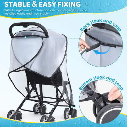 Clear Stroller Rain Cover, Universal Stroller Accessories, Waterproof Travel Weather Shield with Breathable Ventilation and Easy Access, Thick EVA & PVC Protect from Wind, Dust and Snow