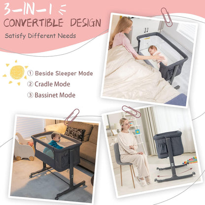 HONEY JOY Baby Bassinet Bedside Sleeper, 3-in-1 Easy Folding Portable Crib for Baby with Wheels, 5 Adjustable Heights, Easy to Assemble Bed to Bed, Mattress & Carry Bag for Infant Newborn (Pink)