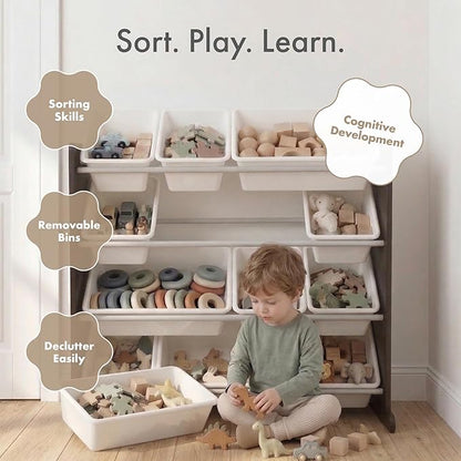 Humble Crew Kids Toy Storage Organizer with 12 Plastic Bins, Espresso/White – Removable Bins for Playroom, Bedroom, Toddler Furniture for Boys and Girls Ages