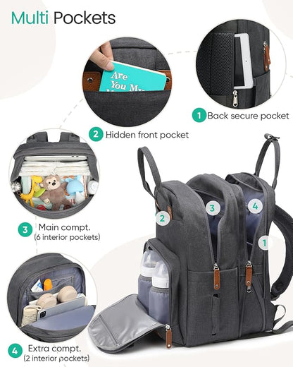 Qualyphant Extra Large Diaper Bag Backpack for Two Kids Twins - Expandable Baby Bag (26-36L), Dual Big Compartments - Includes Changing Pad & Stroller Straps, Unisex Dark Grey