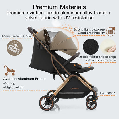 Gromast Gravity Folding Baby Stroller - Portable Travel Toddler Stroller w/Adjustable Backrest, Canopy & Cup Holder, Lightweight and UV Protected, One-Hand Automatic Folding - Green