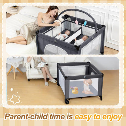 Twin Bassinet - 3 in 1 Twin Bassinets for 2 Babies with Hanging Toys & Storage Basket, Portable Pack and Play Foldable Bedside Sleeper with Carry Bag, Grey