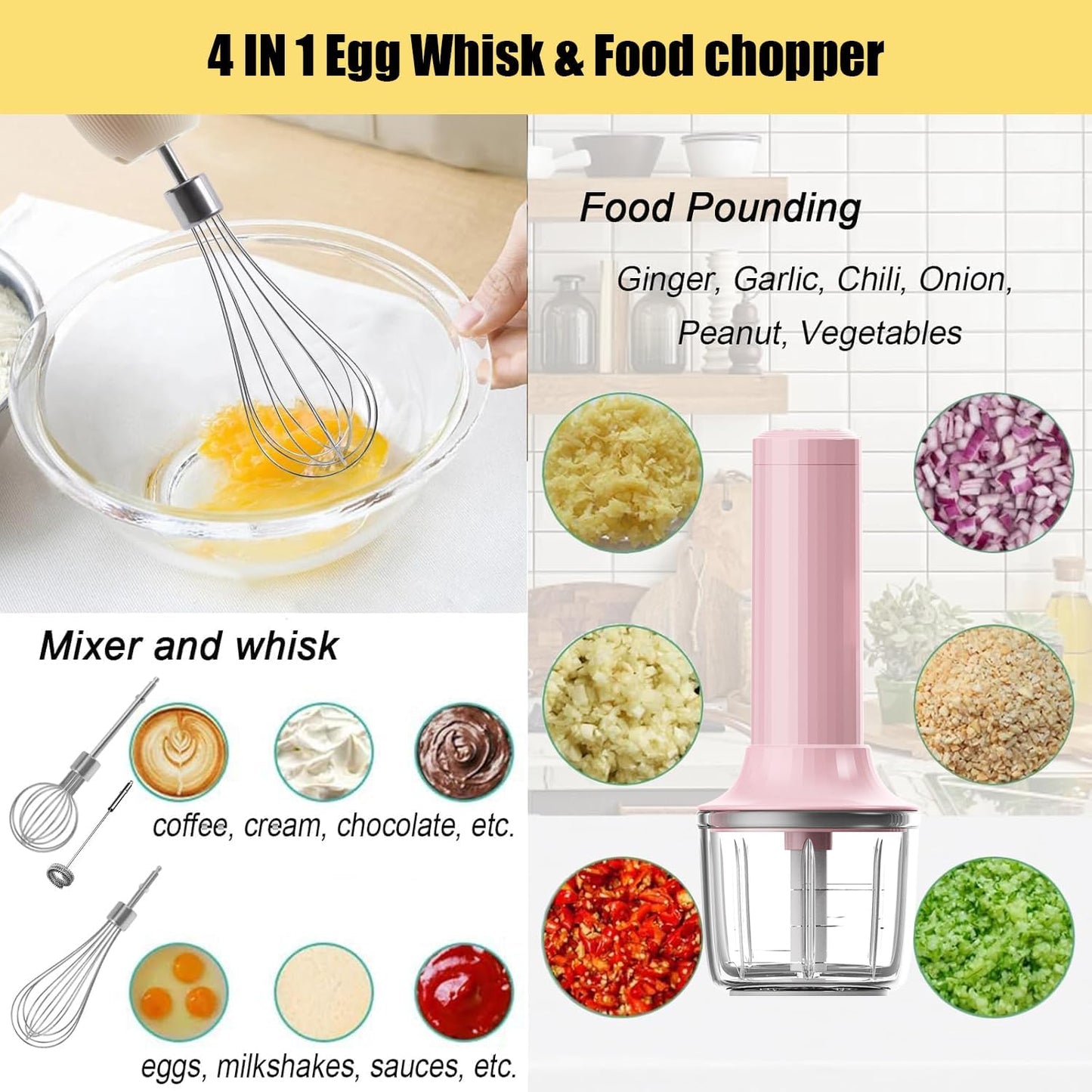 Hand Mixer with Whisk and Forther Wand,Electric Whisk, Milk Frother, Hand Held Mixers,Cordless Hand Mixer, Whisks for Cooking, Mini Mixer,Stirrers Electric,Food Chopper, Baby Food Maker,4-Speed, 10Oz