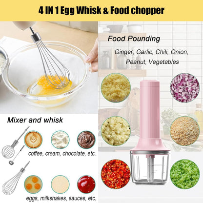 Hand Mixer with Whisk and Forther Wand,Electric Whisk, Milk Frother, Hand Held Mixers,Cordless Hand Mixer, Whisks for Cooking, Mini Mixer,Stirrers Electric,Food Chopper, Baby Food Maker,4-Speed, 10Oz