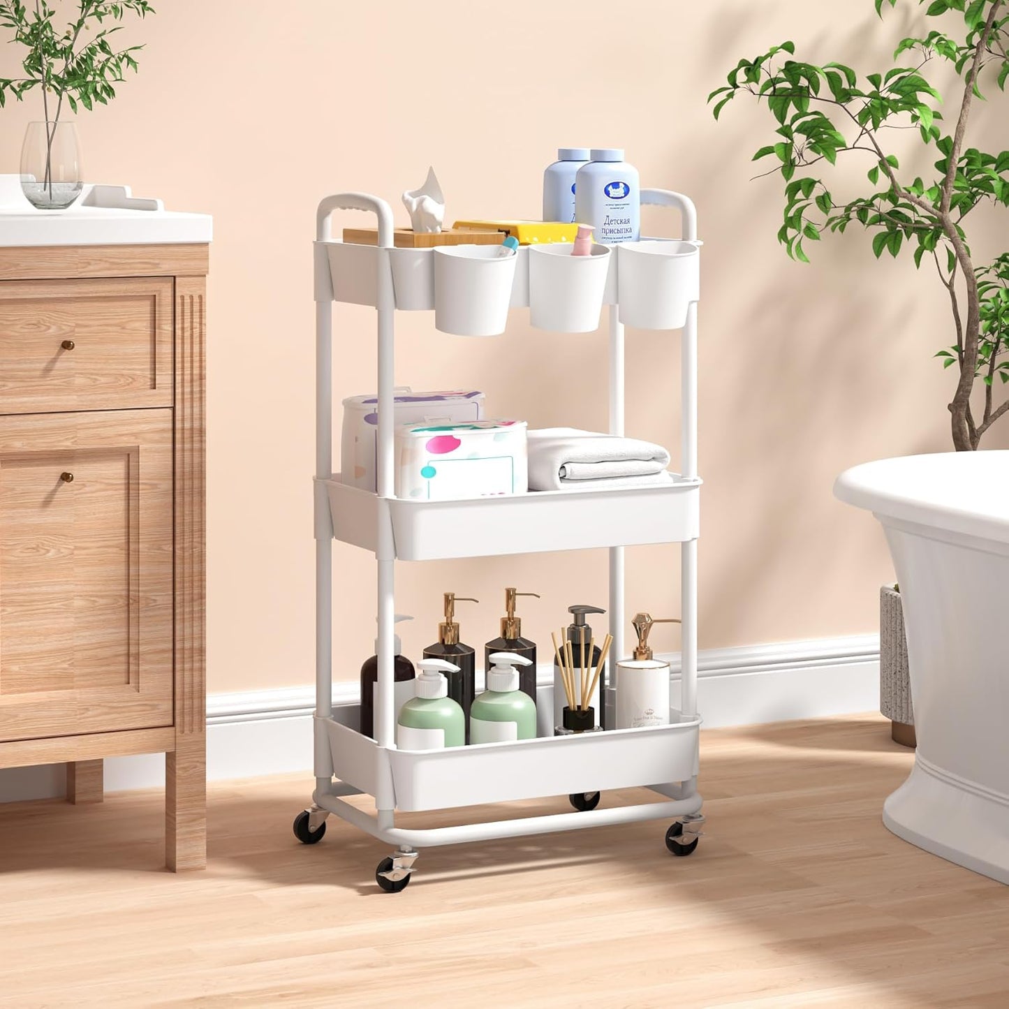 3-Tier Baby Diaper Caddy Organizer Cart with Locking Wheels & Hanging Cups - Rolling Storage Cart for Nursery, Changing Table, Baby Essentials,White
