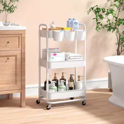 3-Tier Baby Diaper Caddy Organizer Cart with Locking Wheels & Hanging Cups - Rolling Storage Cart for Nursery, Changing Table, Baby Essentials,White