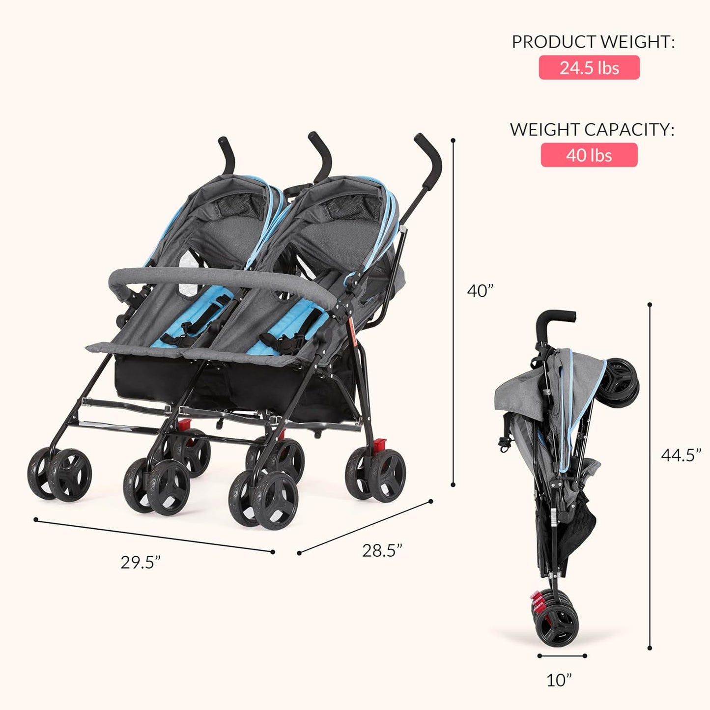 Dream On Me Volgo Twin Umbrella Stroller in Black, Lightweight Double Stroller for Infant & Toddler, Compact Easy Fold, Large Storage Basket, Large and Adjustable Canopy