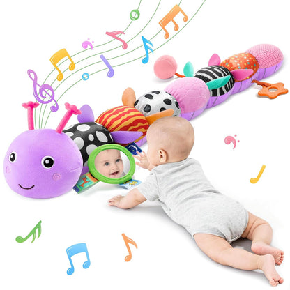 Tummy Time Baby Toys Sensory Musical Animal Stuffed Car Seat Toy for Infant 0-3-6-12 Months Newborn, Plush Caterpillar with Mirror,Crinkle,Rattle Teething Toys for Baby Boys Girls Shower Gifts, Pink