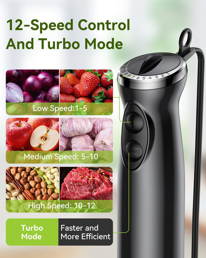 Immersion Blender Handheld 5 in 1 Hand Blender, 1000W Hand Mixer Stick, BPA-Free 12 Speed Handheld Blender 304 Stainless, Beaker, Chopper, Whisk and Milk Frother, Soup, Smoothies, Baby Food, Sauce