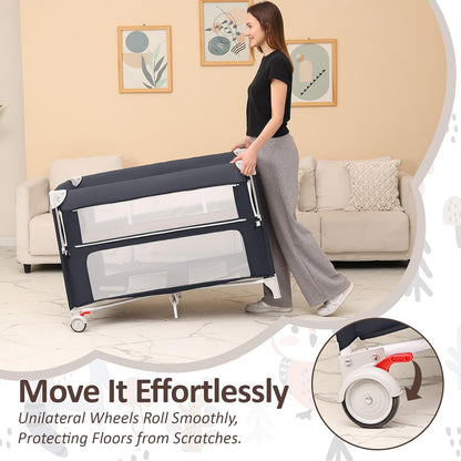 5-in-1 Baby Bassinet Bedside Sleeper, Foldable Pack and Play,One-Push Bedside Crib with Playard, Includes Mattress, Changing Table, Mosquito Net, Music Toy & Storage for Newborn to Toddler (Dark Grey)