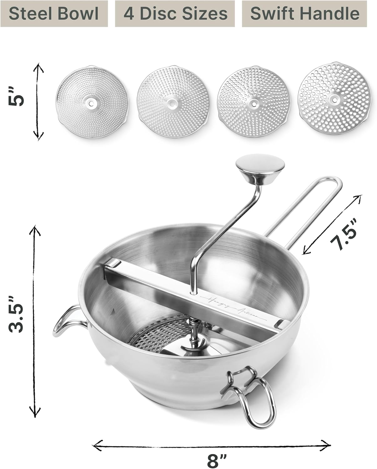 Premium 4-Disc Stainless Steel Food Mill – Ergonomic Rotary Hand Crank for Tomato Sauce, Canning, Applesauce, Baby Food, Mashed Potatoes, Puree & Jams
