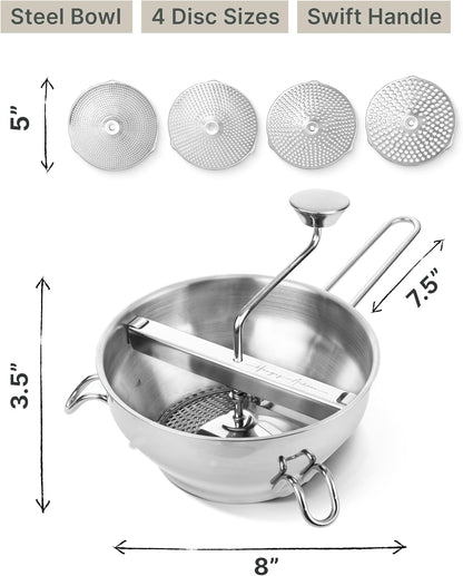 Premium 4-Disc Stainless Steel Food Mill – Ergonomic Rotary Hand Crank for Tomato Sauce, Canning, Applesauce, Baby Food, Mashed Potatoes, Puree & Jams