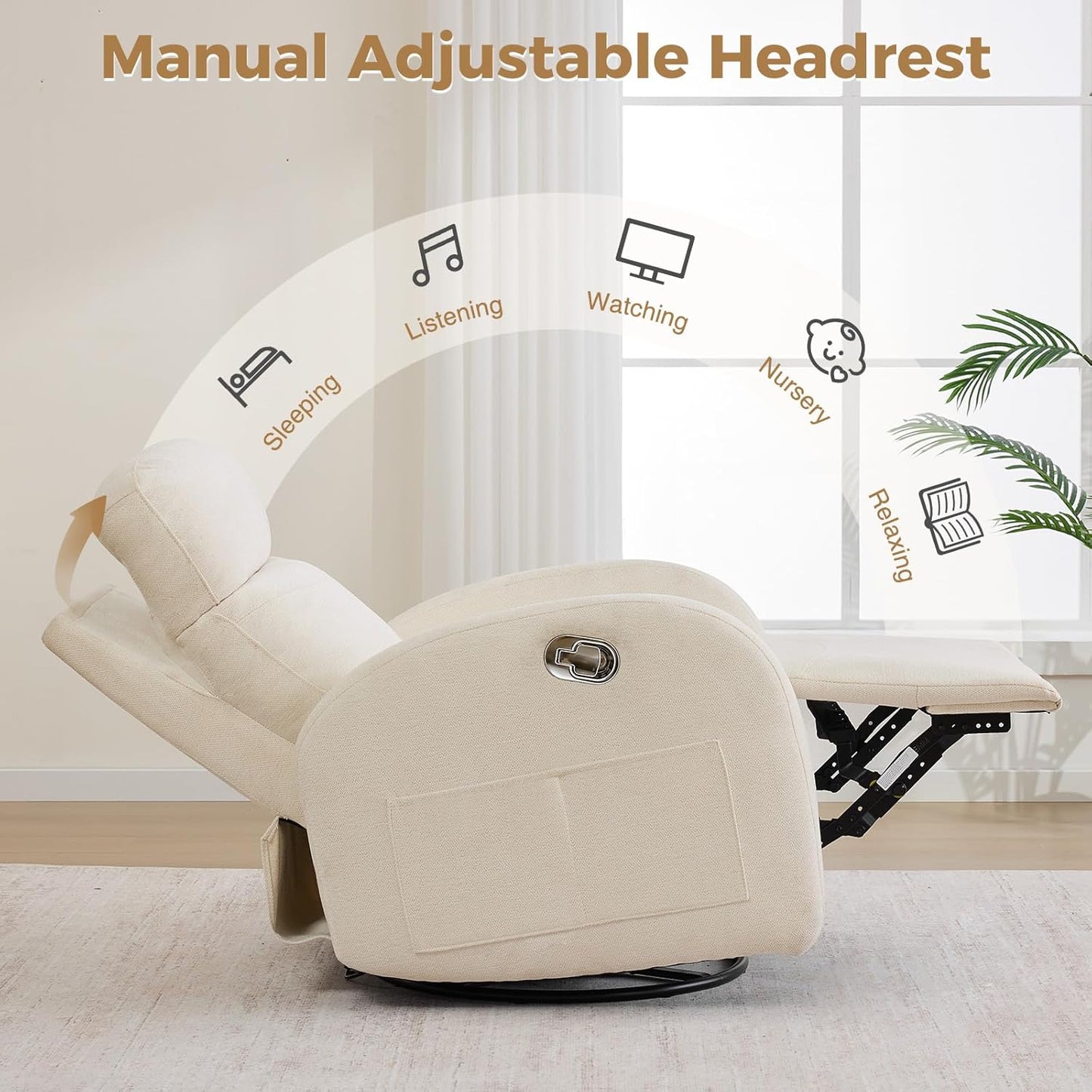 Dual Motors Power Recliner with Adjustable Headrest, Electric Swivel Rocker Recliner for Nursery, Glider Reclining Rocking Nursery Chairs for Small Space, Living Room, Bedroom, Chenille Cream White