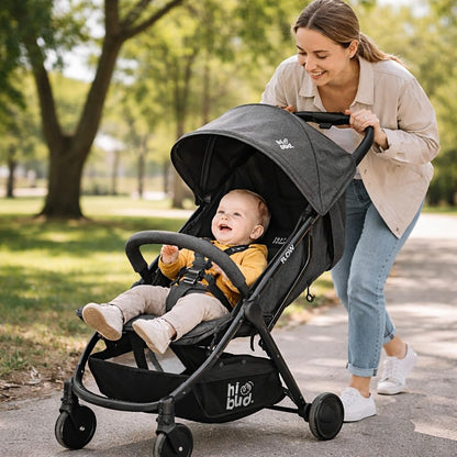 HiBud Baby Stroller, Lightweight Compact Stroller with One-Hand Auto Folding, 5-Point Harness, Adjustable Footrest, Multi-Position Recline, Carry Strap, Supports up to 40 lbs (Grey)