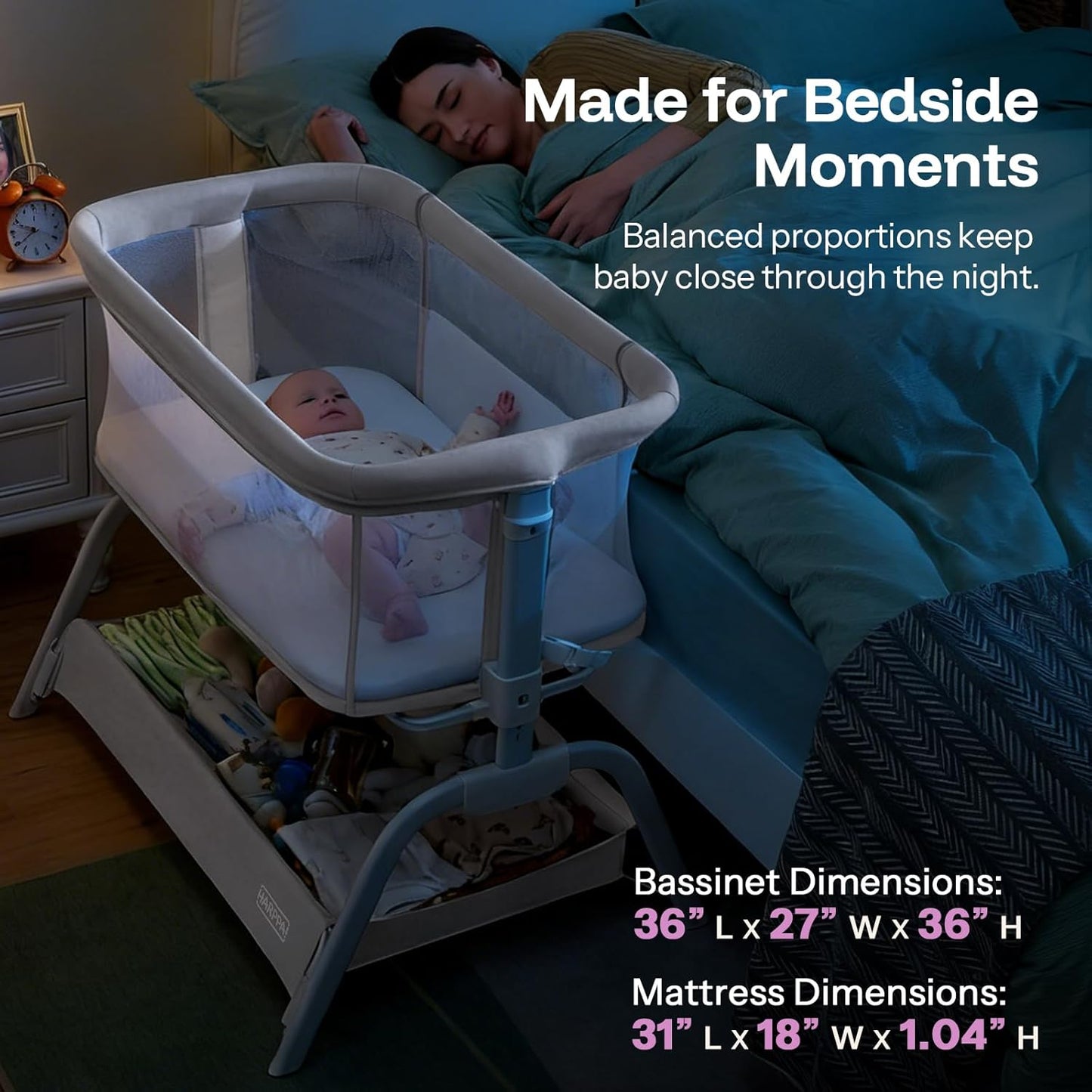 HARPPA Cuddly Lite Bassinet, 2 in 1 Baby Bassinet with Breathable Mesh and Mattress, 6 Height Adjustable, Bedside Sleeper with Anchor Strap, Storage Basket and Wheels, Light Grey