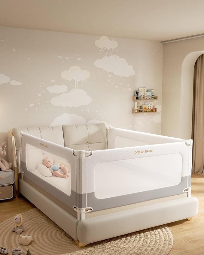 3 Piece Bed Rails for Queen Bed, No-Drill Needed Baby Bed Rail Guard for Toddlers with Height Adjustable, Thickened Child Safety Side Railing Guards/Bedrail for Kids, White/Grey, 60x78.7x78.7in