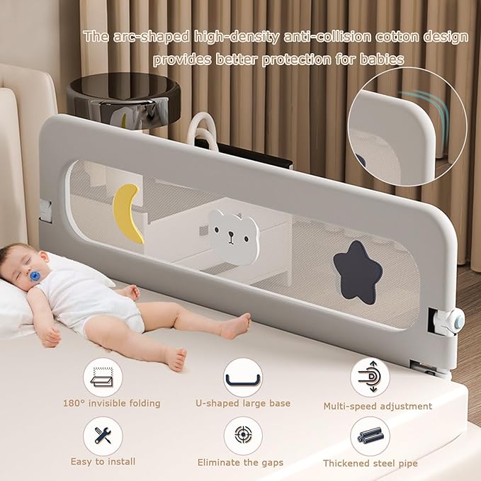 Bed Rail for Toddlers, 71" Foldable Baby Bed Rail Guard with Drilled-Free Installation, Adjustable Height, Suitable for Twin, Full, Queen & King Size (Gray Patchwork, 71inch)