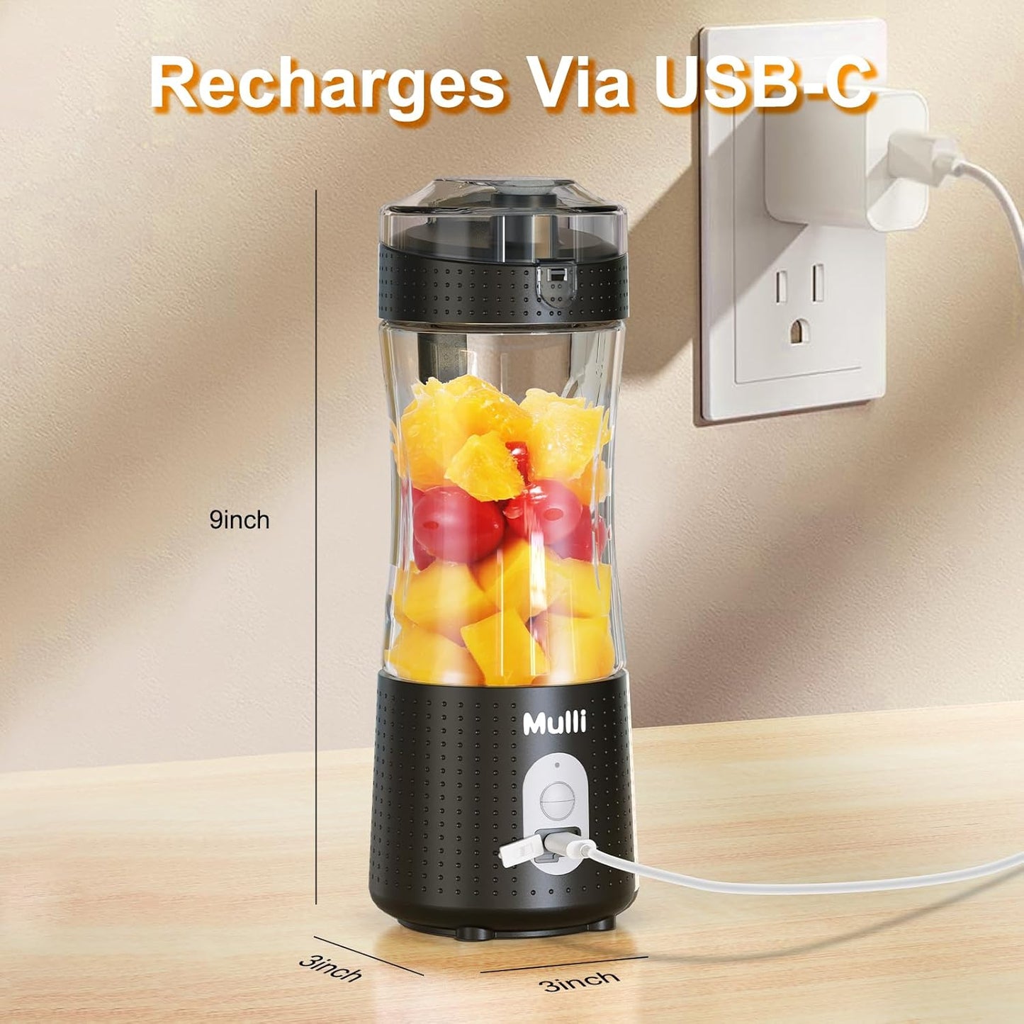 ‌Mulli Portable Blender 14oz-USB Rechargeable Smoothie Maker with 6 Stainless Steel Blades, Personal Mini Blender for Shakes, Baby Food, Travel, Gym & Kitchen, BPA-Free