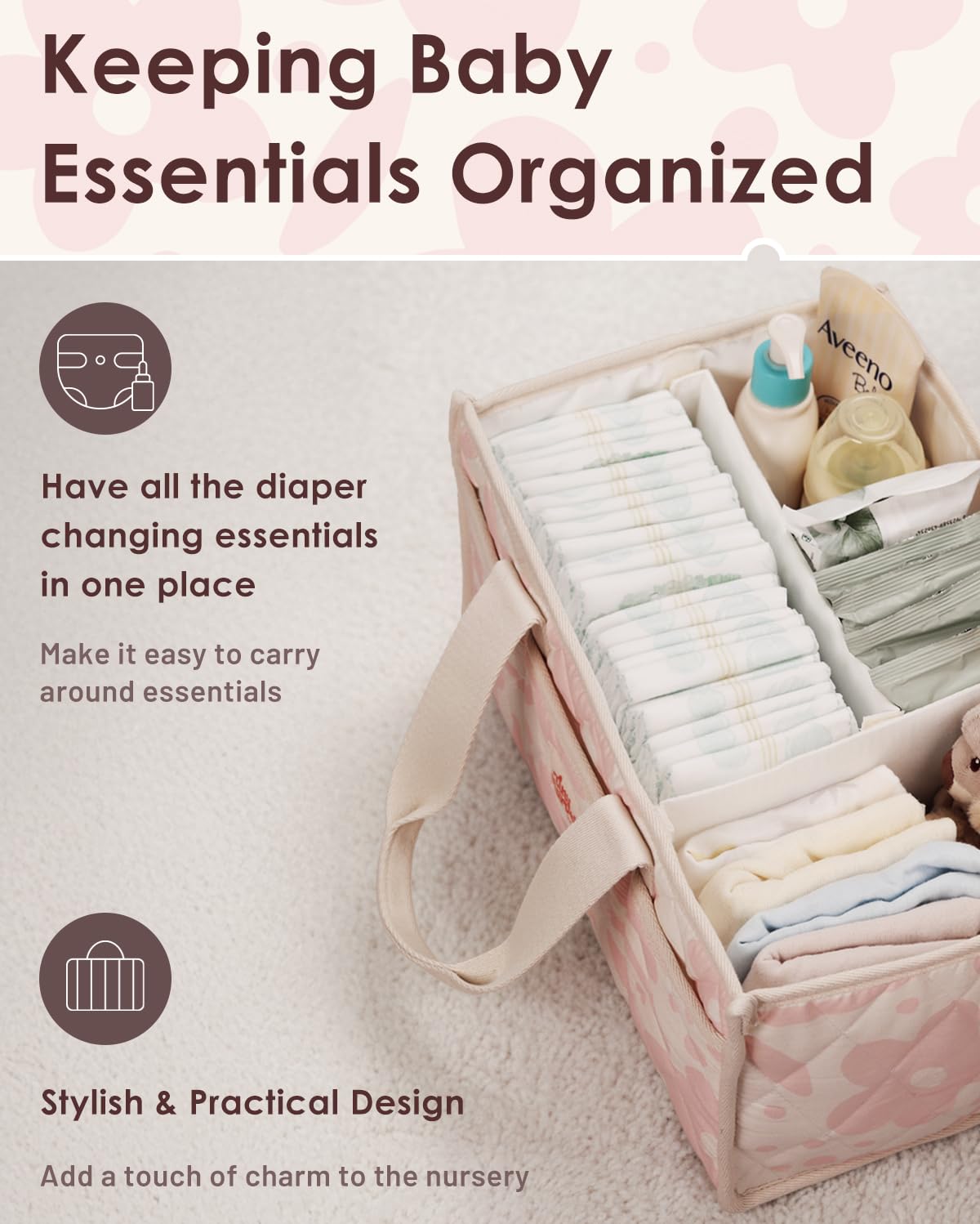 Tiny Marvels Diaper Caddy Organizer for New Parents, Baby Diaper Caddy with Water-Resistant Fabric, Structured Diaper Caddy Basket for Nursery, Car & Travel