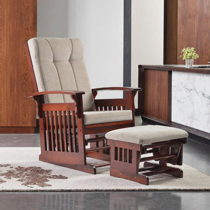 Glider Rocking Chair with Ottoman Set, Solid Wood Nursery Glider Rocker with Padded Cushion, High Back Upholstered Swivel Glider for Living Room, Nursing, Reading, 280LBS Weight Capacity,Oak+Khaki