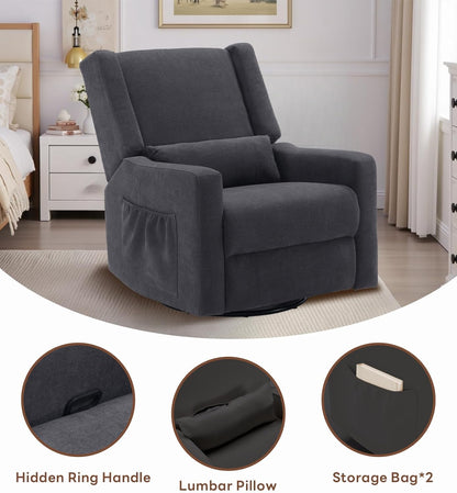 Tbfit Nursery Rocking Chair,360°Swivel Recliner Chair with Lumbar Support for Bedroom, Comfy Upholstered Armchair with Pillows & Footrest for Living Room & Baby Room