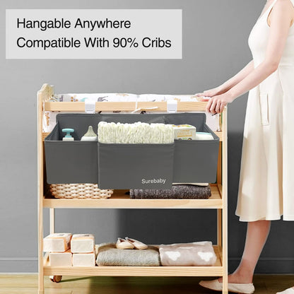 Hanging Baby Diaper Caddy, 3-in-1 Diaper Caddy Organizer Holder For Baby Crib, Nursery Organization Diaper Stacker Storage For Crib, Changing Table-Grey
