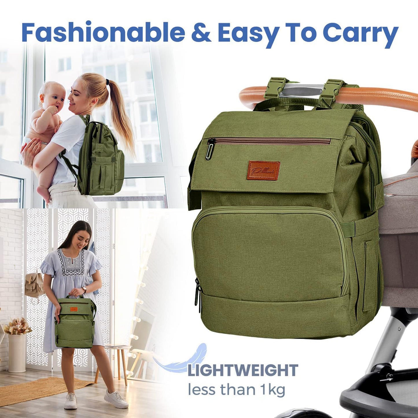 PILLANI Baby Diaper Bag Backpack - Large Waterproof Travel Diaper Bag for Boys & Girls, 16 Organizer Pockets with Changing Pad, Insulated Bottle Pockets & Stroller Straps, Baby Shower Gifts, Dinosaur