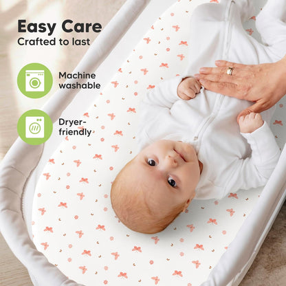 2-Pack Organic Bassinet Sheets for Girls, Boys - 100% Cotton Bassinet Mattress Sheets Compatible with Halo Bassinest Swivel Sleeper, Graco, Baby Delight, Chicco, Unisex Fitted Bassinet Sheets (Elly)