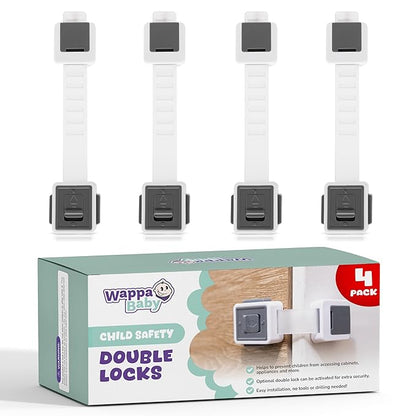 Child Safety Locks (4-Pack) - Baby Proof Cabinets, Drawers, Toilets & Appliances- Adjustable Strap Length, Double Lock Option - Easy Latch for Adults to Open