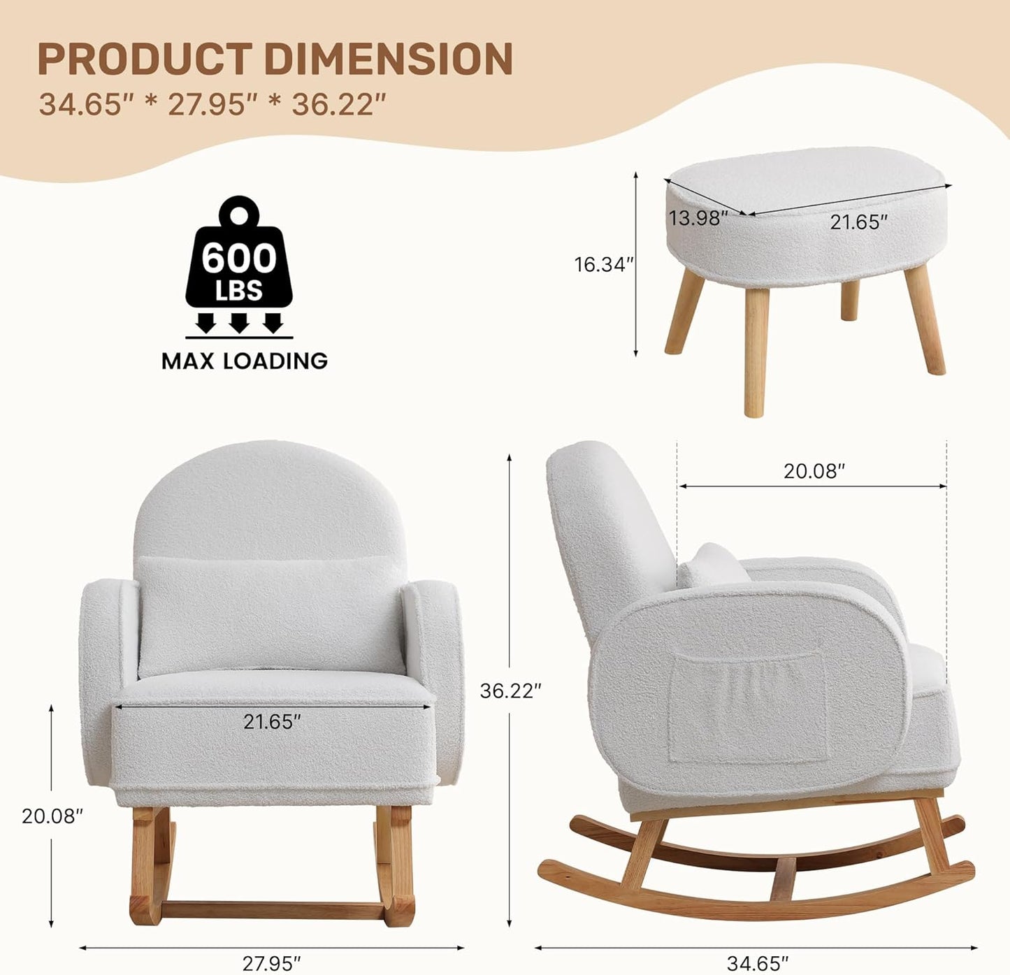 HCHAIRH Nursery Rocking Chair with Ottoman, Upholstered Glider Rocker with High Backrest Side Pocket, Rocking Accent Armchair with Solid Wood Legs for Nursery, Living Room, Bedroom, Light Grey