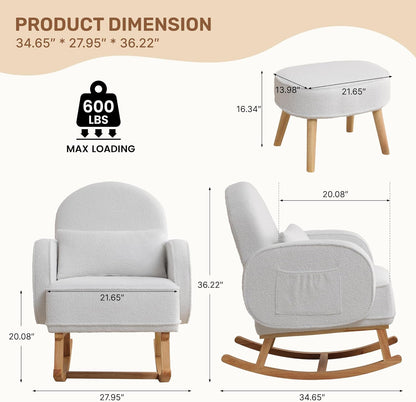 HCHAIRH Nursery Rocking Chair with Ottoman, Upholstered Glider Rocker with High Backrest Side Pocket, Rocking Accent Armchair with Solid Wood Legs for Nursery, Living Room, Bedroom, Light Grey