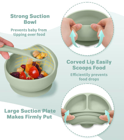 Silicone Baby Feeding Set, 10 Pcs Baby Led Weaning Supplies Baby Eating Essentials Set with Suction Bowl Divided Plate Adjustable Bib Soft Spoon Fork Cup with Lid Drinking Cup, Travel Bag (Blue)