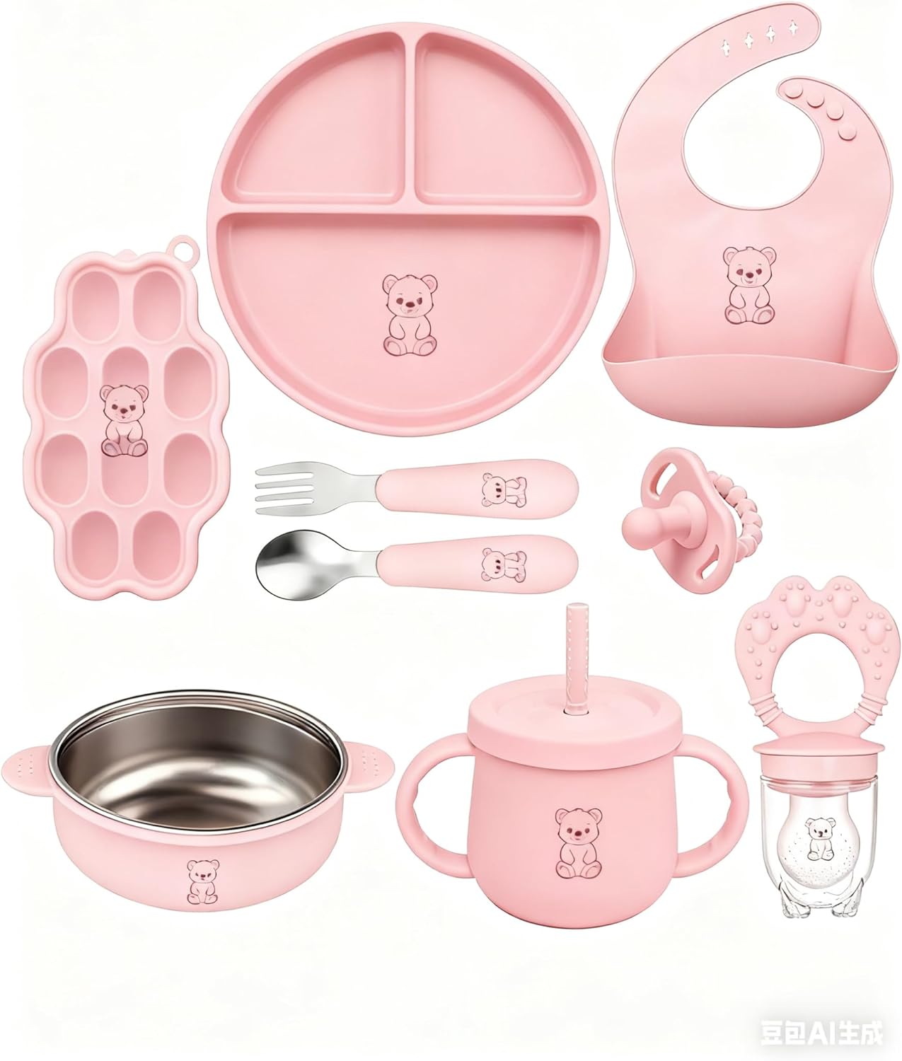 9-Piece Silicone Baby Feeding Set | Suction Bowl, Plate, Bib, Cup, Fork & Spoon | BPA-Free Food-Grade Silicone Baby Tableware | Baby-Led Weaning | Dishwasher (Pink)