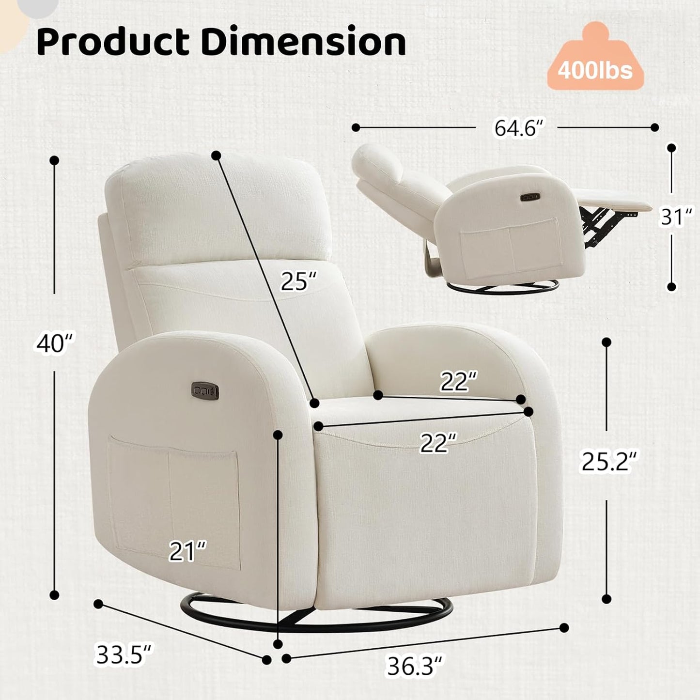 Nursery Glider Recliner, Power Swivel Rocking Recliner with USB & Type-C Port, Swivel Nursering Reclining Rocker with Double Pockets for Living Room, Camel Chenille